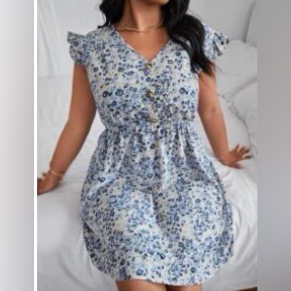 Small floral print, button front, mini dress.